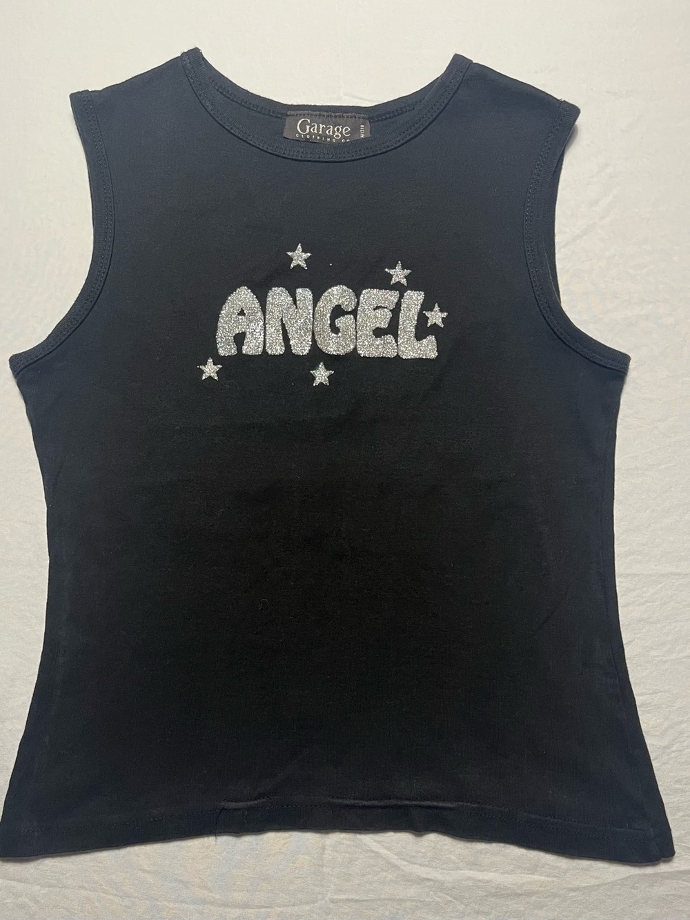 Vintage Y2K Garage Black Tank Top with Silver Glitter "Angel"